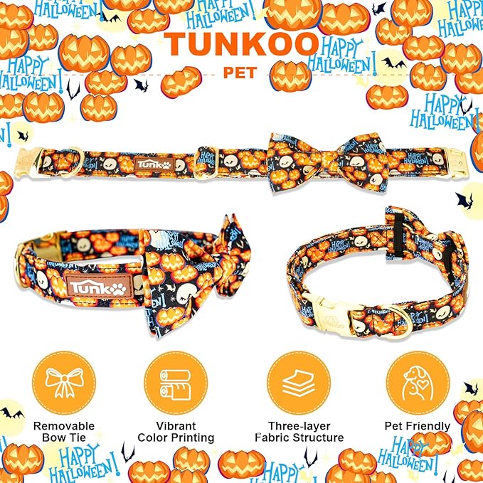 Tunkoo Happy Halloween Dog Collar with Pumpkin - Durable, Adjustable, and Stylish Pet Collar Available in Small, Medium, Large M