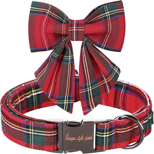 Unique style paws Christmas Dog Collar with Bow Tie Red Plaid Puppy Collar for Small Medium Large Dogs as Autumn Winter Gifts -S