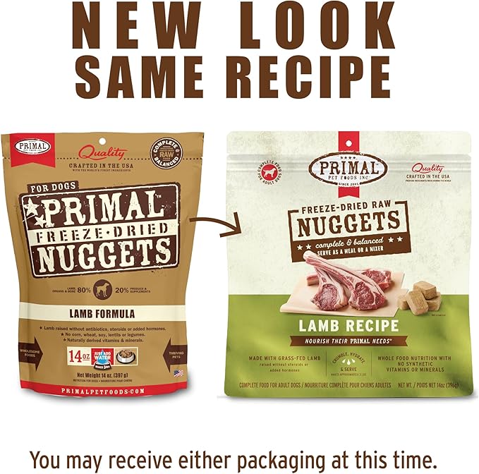 Primal Freeze Dried Raw Dog Food Nuggets, Lamb, Complete & Balanced Meal, Also Use as Topper or Treat, Premium, Healthy, Grain Free, High Protein Raw Dog Food, 14 oz (Pack of 2)