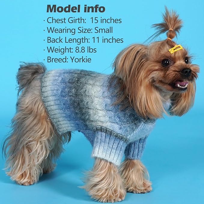 KYEESE Dog Sweater Cable Knit Thick Fuzzy Dog Knitwear Turtleneck Warm with Sleeves Dogs Clothes Gradient Color, Blue, XLarge