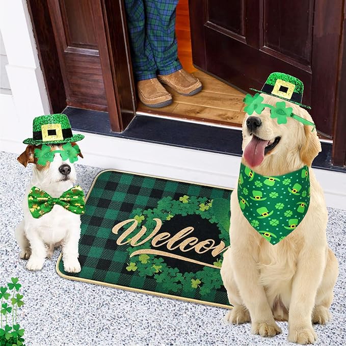 3 Pcs St Patrick's Day Dog Costume Leprechaun Pet Top Hat Irish Shamrock Bandana Green Four-Clover Sunglasses Triangle Bib Scarf Saint Patrick's Day Outfits for Medium Large Dogs
