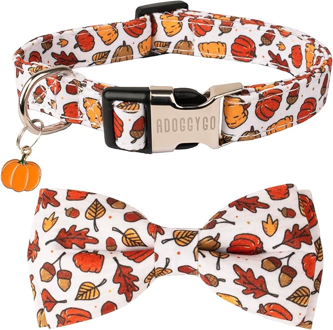 ADOGGYGO Thanksgiving Dog Collar with Bowtie, Fall Pumpkin Pet Thanksgiving Collars with Detachable Bow, Adjustable Fall Collars for Small Medium Large Dogs (Small)