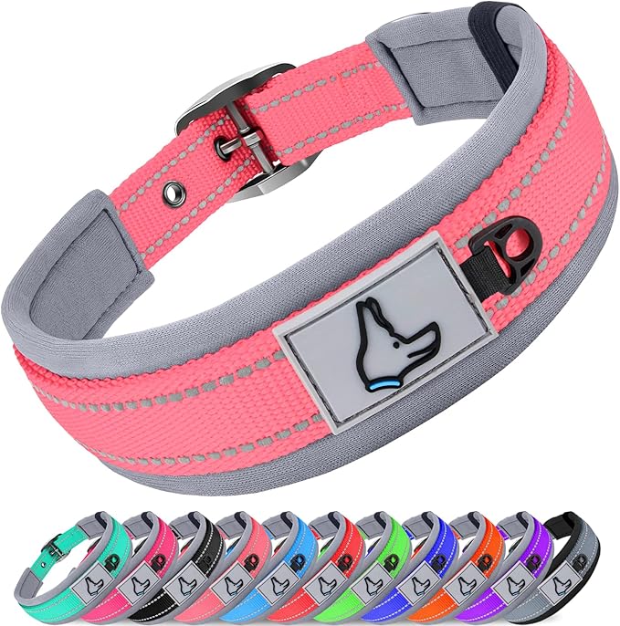 Joytale Dog Collar for Large Dogs, Neoprene Padded and Adjustable, Reflective Wide Heavy Duty Pet Collars with Durable Metal Belt Buckle for Walking, Pink, L