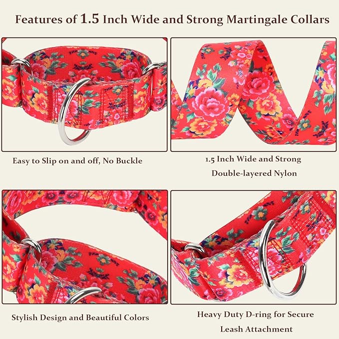 Martingale Dog Collar 1.5” Width – Heavy Duty Adjustable Training Collar with Stylish Red Floral Design – Secure Fit for Large Dogs – Perfect for Walking, Hunting & Outdoor Adventures XL