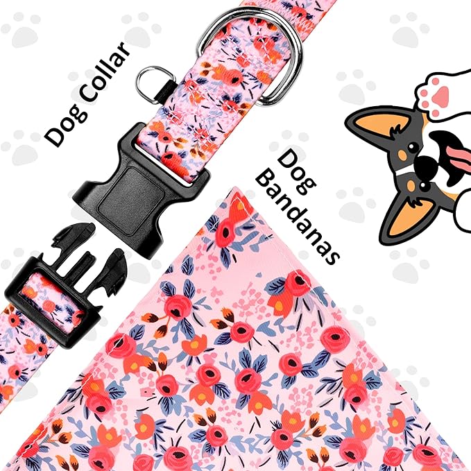 Dog Collars and Bandanas - Soft Adjustable Fancy Floral Boys Girls Puppy Collar for Small Medium Large Dogs.
