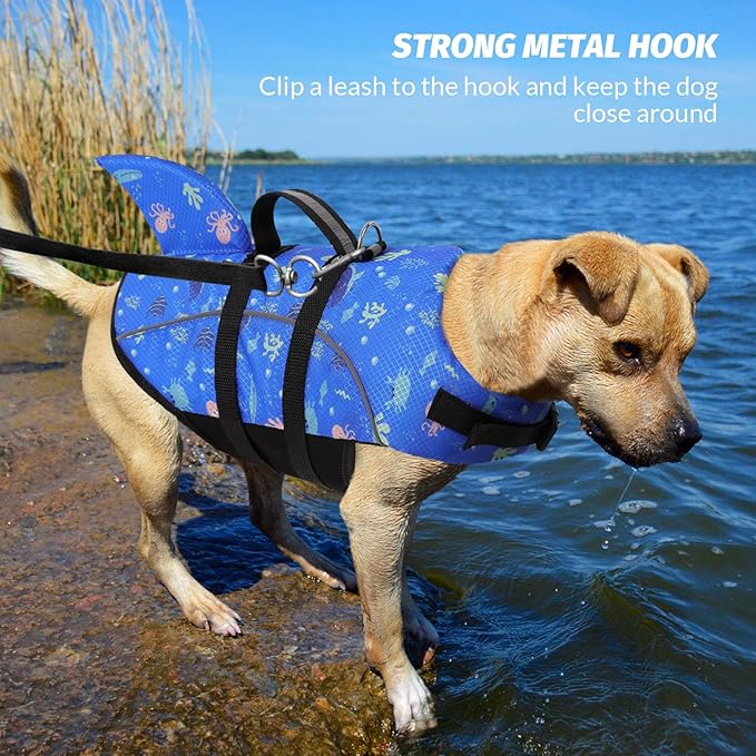 Queenmore Large Dog Life Jacket, Dog Life Vest for Swimming, Cute Shark Life Vest with Rescue Handle/Leash Hook, Safety Dog Lifevests for Boating/Kayaking, Pet Life Jackets for Big Dogs (Prints,L)