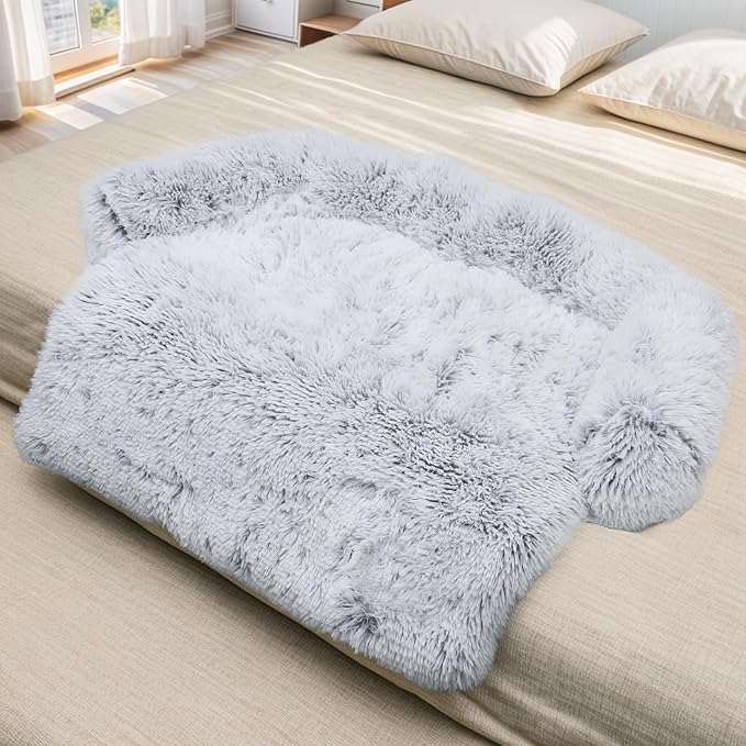 Calming Dog Bed Fluffy Plush Dog Mat for Furniture Protector with Removable Washable Cover for Large Medium Small Dogs and Cats (Medium, Light Grey)