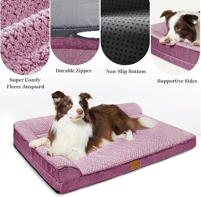 Orthopedic Jacquard XL Dog Bed for Large Dogs 42''X28'', Waterproof L Shaped Big Large Pet Sofa Bed with Washable Removable Cover, Non-Slip Soft Warm Comfortable Pet Couch Sleep Mat, Purple