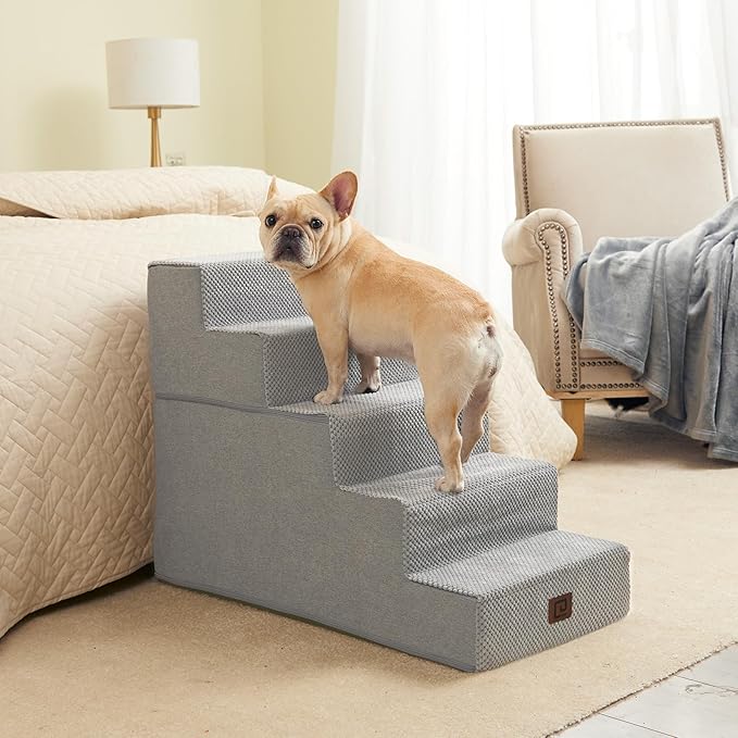 EHEYCIGA Dog Stairs for High Bed 22.5”H, 5-Step Dog Steps for Bed, Pet Steps for Small Dogs and Cats, Non-Slip Balanced Pet Ramp Indoor, Light Grey