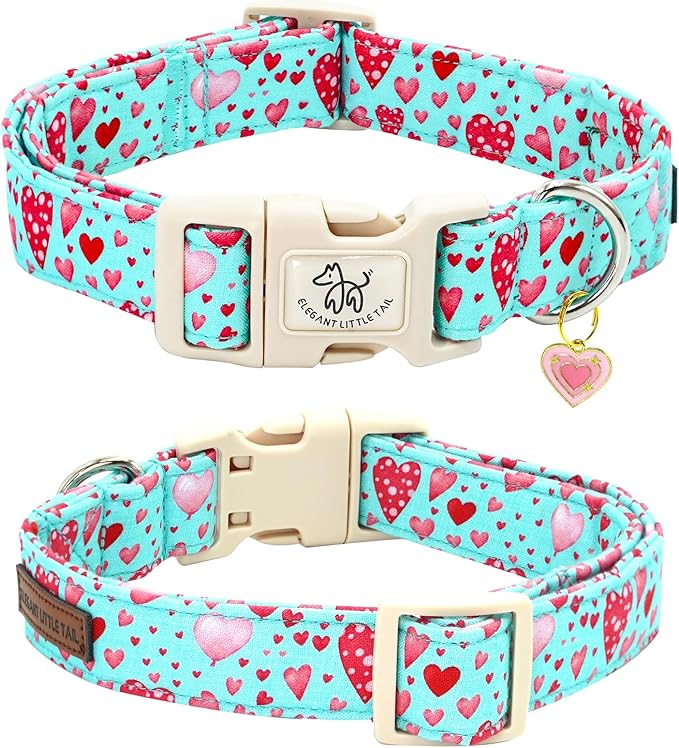 Elegant little tail Dog Collar, Pink Heart Dog Collar for Small Dogs, Female or Male Adjustable Cotton Pet Collar with Quick Release Buckle for Small Medium Large Dogs