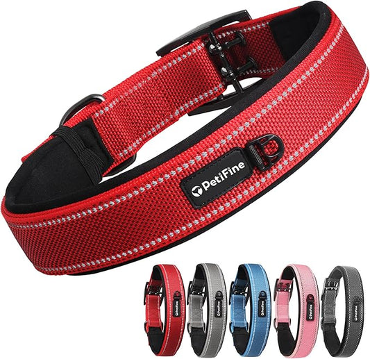 PetiFine Heavy Duty Dog Collar, Adjustable Soft Neoprene Padded Dog Collar with Metal Buckle, Reflective Belt Buckle Dog Collars for Large Dogs X-Large Dogs(24''-28'', Red)