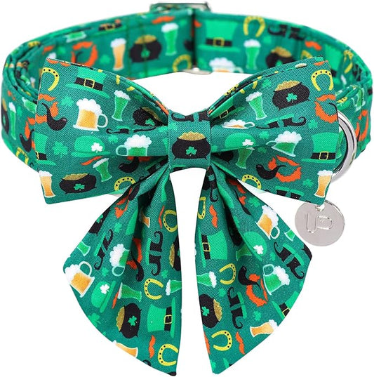 St. Patrick's Dog Collar with Bow Tie, Cotton St. Patrick's Bowtie Collar for Girl Boy Dog, Lucky Shamrock Dog Collar with Metal Buckle, Green, Spring, XS