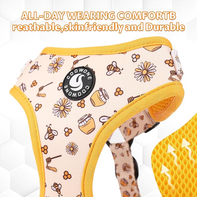 Dog Cat Harness and Leash Set, Puppia Soft Mesh Padded and Adjustable Puppy Vest Cute Dog Clothes Escape Proof Easy Walk Pet Accessories (Honeybee, L (Neck 15.7"-21"; Chest 19.6"-28.3"))