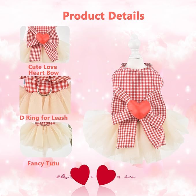 FLAdorepet Dog Dress with Leash Ring,Holiday Dog Clothes Love Heart Tulle Pet Dresses for Small Dogs Girls Party Outfit Puppy Cats Apparel(Red Heart, Medium)