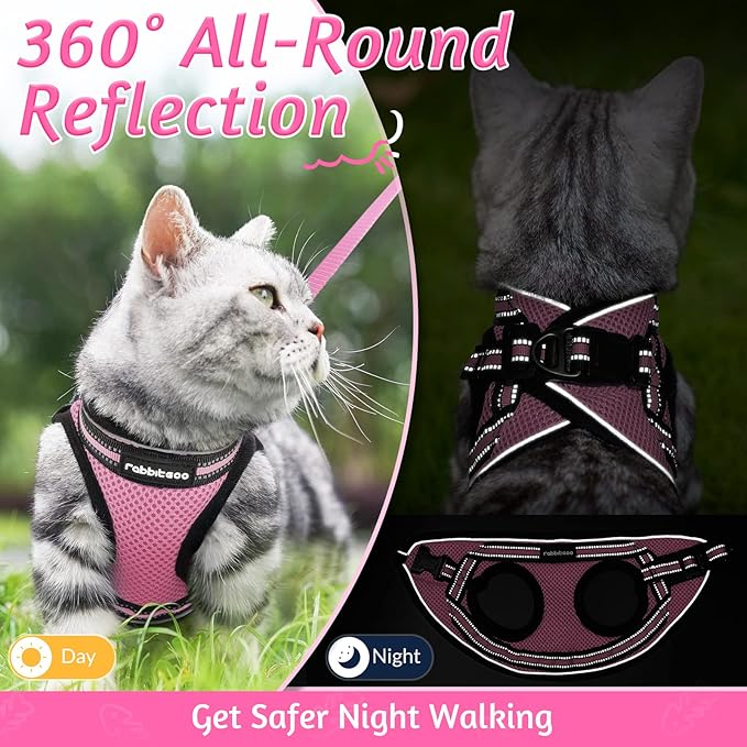rabbitgoo Cat Harness and Leash Set for Walking Escape Proof, Adjustable Soft Kittens Vest with Reflective Strip for Cats, Comfortable Outdoor Vest, Pink, L