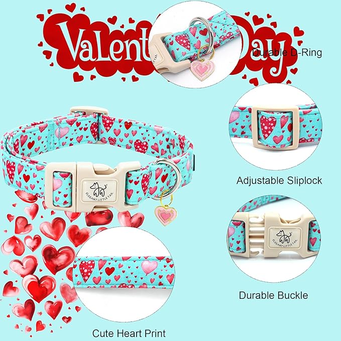 Elegant little tail Valentine's Dog Collar, Pink Heart Dog Collar for Medium Dogs, Female or Male Adjustable Cotton Pet Collar with Quick Release Buckle for Small Medium Large Dogs