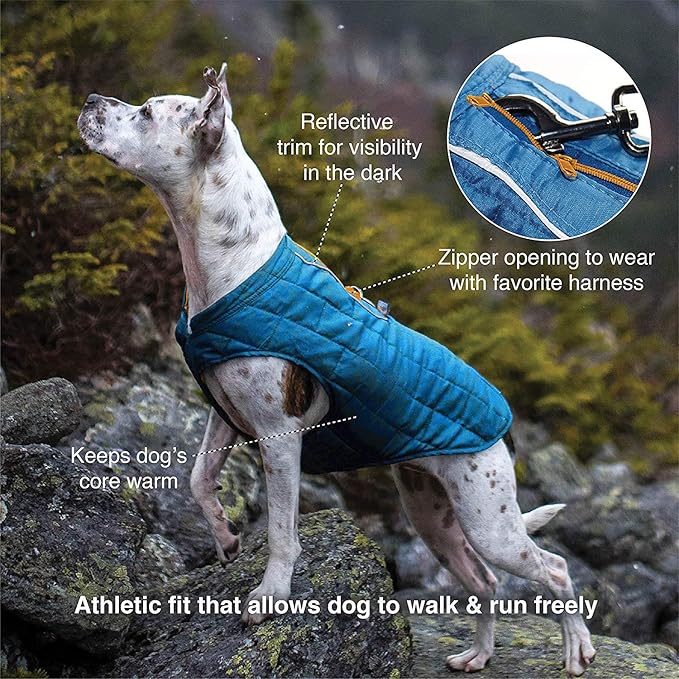 Kurgo Loft Dog Jacket, Reversible Dog Coat, Wear with Harness or Sweater, Water Resistant, Reflective, Winter Coat for Large Dogs (Coastal Blue, XL)