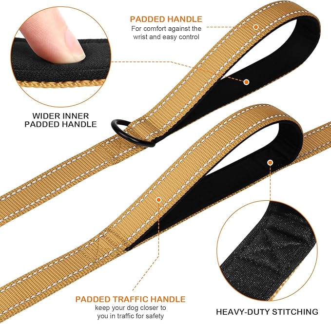 Joytale Dog Leash Heavy Duty for Large Dogs That Pull, Double Handle for Traffic Control, Double-Sided Reflective Leashes for Large Medium Dogs Night Safety, 5FT, Khaki