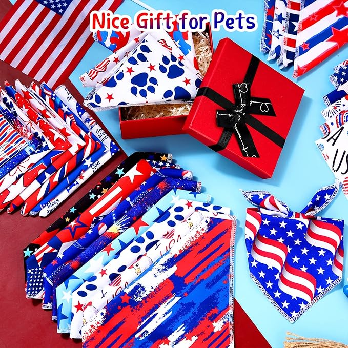 Paterr 100 Pieces Patriotic Dog Bandanas Bulk 4th of July Independence Day Pet Handkerchief Soft Dog Triangle Bibs Cute Kerchief Adjustable Washable Pet Scarf Accessory for Small Medium Puppy Cats
