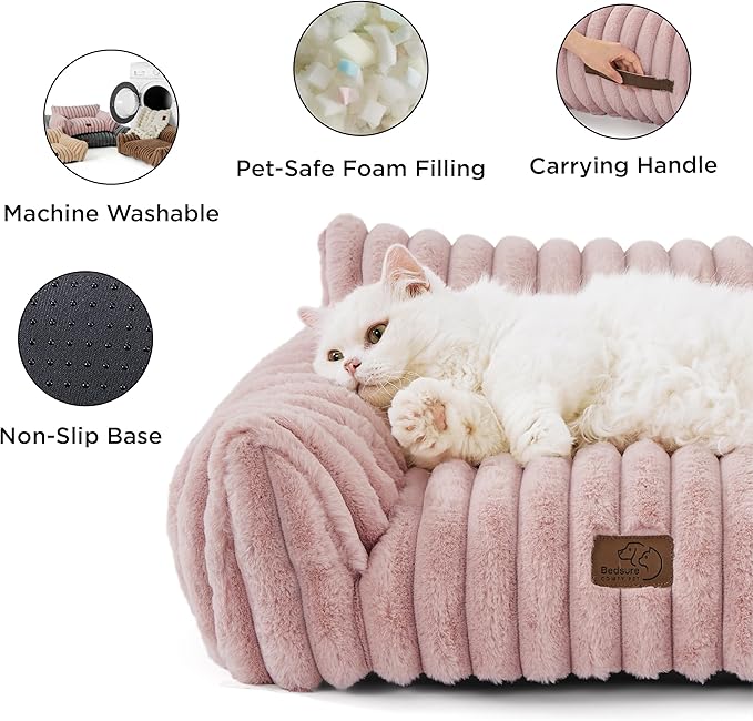 Bedsure Cute Dog Couch - Fluffy Dog Sofa with Premium Soft Corduroy Fleece, Washable Cover, Supportive for Medium Large Dogs, 36in, Blush Pink
