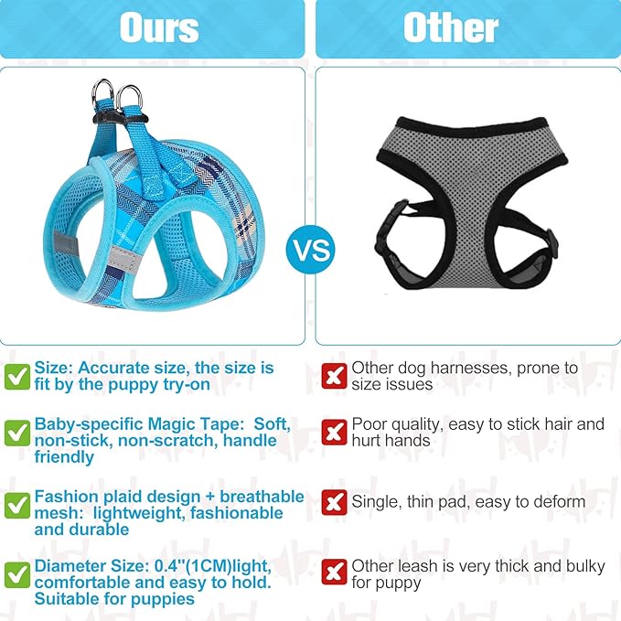 BEAUTYZOO Small Dog Harness and Leash Set,Step in No Choke No Pull Soft Mesh Dog Harnesses Reflective for Extra-Small/Small Medium Puppy Dogs and Cats, Plaid Dog Vest Harness for XS S Pets, Blue M