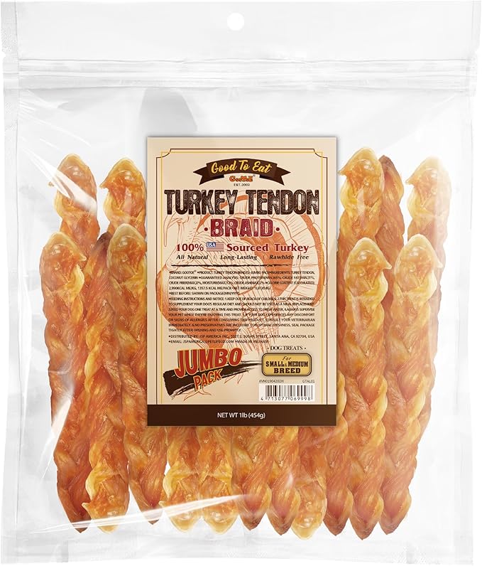 Gootoe Turkey Tendon Dog Treats, Braid (M) 1 lb, 100% USA Sourced Turkey, Natural Snack, Premium Puppy Chews, Hypoallergenic, Rawhide Free, Reseal Value Bag, Size for Medium Dogs