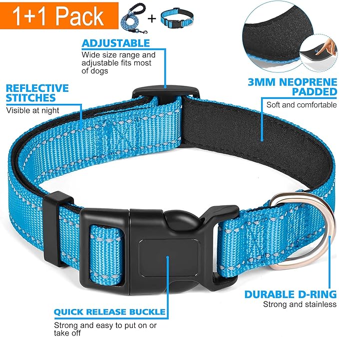 Reflective Dog Collar Padded with Soft Neoprene Breathable Adjustable Nylon Dog Collars for Small Medium Large Dogs (Large (Pack of 1), Vivid Blue Collar+Leash)