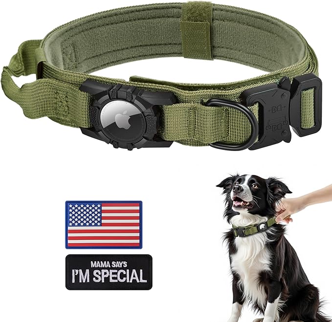 Tactical AirTag Dog Collar - Heavy Duty, Adjustable GPS Collar Compatible with Apple AirTag, with Holder & Control Handle for Medium/Large Dogs [ Green, XL ]