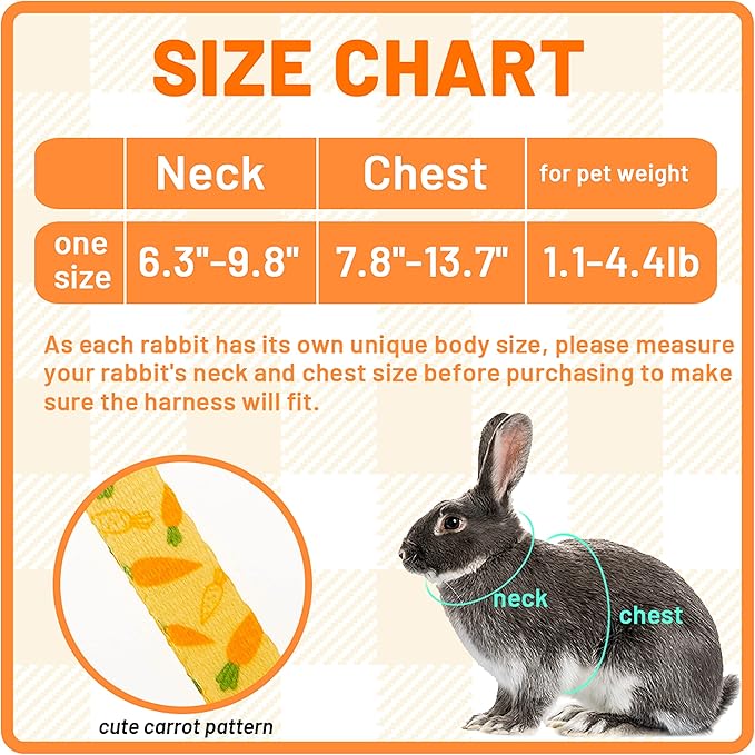 Rabbit Harness and Leash - Adjustable Bunny Harness Escape Proof for Walking Running Hiking Camping Outdoor - Yellow Carrot Pattern Cute Small Animal Harness Leash Set