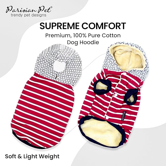 Parisian Pet Basic Hoodie - Lightweight Red Striped Pom Pom Sweatshirt for Dogs - Pullover With Leash Hole and Pockets - Clothes for Large Dogs - 2XL