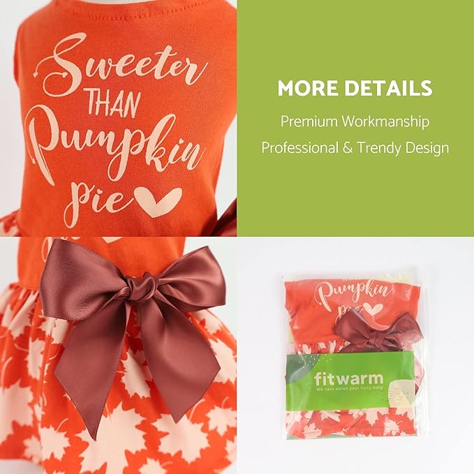 Fitwarm Thanksgiving Sweeter Than Pumpkin Pie Dog Dress 100% Cotton Puppy Costumes Pet Clothes Holiday Girl One-Piece Doggy Outfits Tank Top Vest Dresses Cat Apparel Orange X-Small
