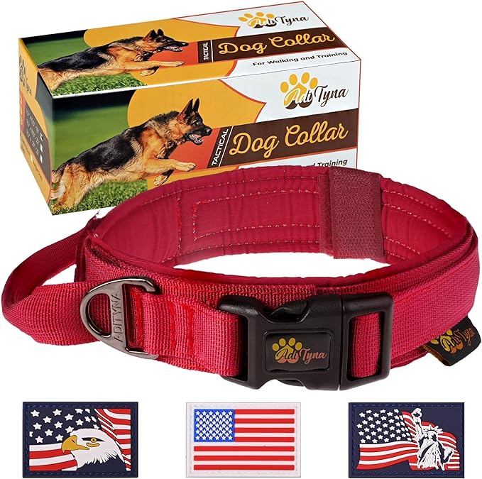 ADITYNA - Tactical Dog Collar for Large Dogs - Soft Padded, Heavy Duty, Adjustable Burgundy Dog Collar with Handle for Training and Walking