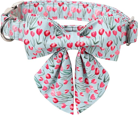 Lionet Paws Design Dogs Collar Cute Flower Sailor Bow Dog Collars for Girl Female Medium Large Dogs with Tulips XL