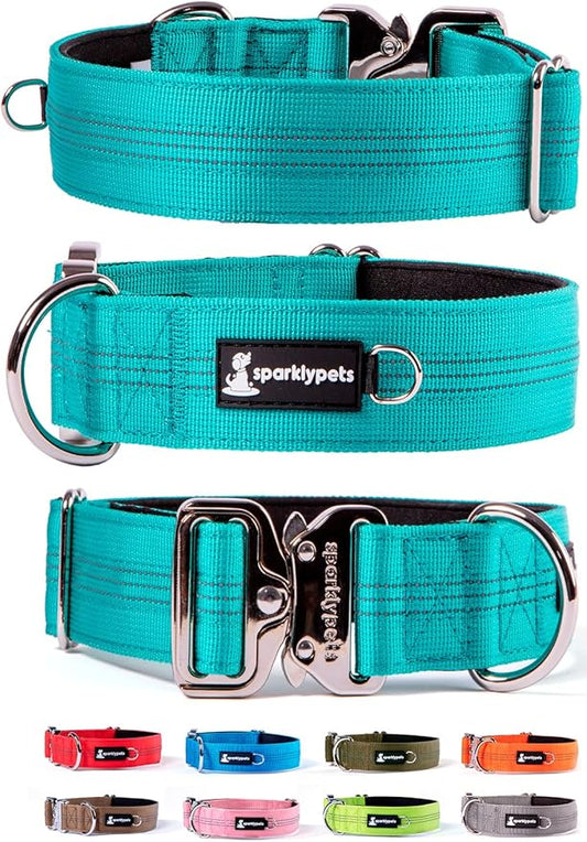 SparklyPets Heavy Duty Wide Dog Collar with Quick Release Chrome Buckle – Thick Tactical Dog Collar with Reflective Stripes & Soft Lining – for Large & Medium Breeds