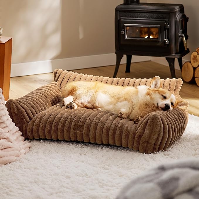 Bedsure Cute Pet Couch - Fluffy Dog Sofa with Premium Soft Corduroy Fleece, Pet Couch Bed with Washable Cover, Supportive Sofa Bed for Medium Large Pets, 36in, Copper Brown