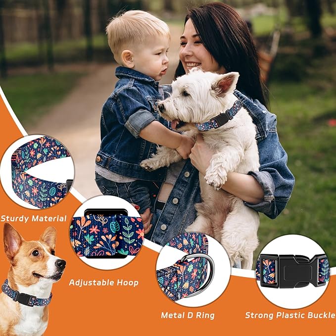 Dog Collar, Cute Floral Puppy Collar for Boys Girls Small Medium Large Dogs, Adjustable Soft Pet Collar Fancy Floral with Quick Release Buckle for Males Females, Navy Blue Floral,M