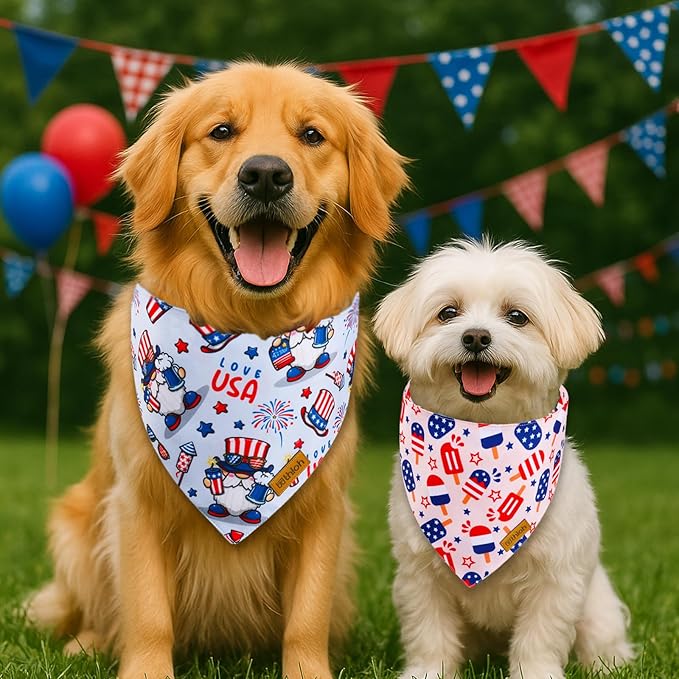 4th of July Dog Bandanas with Snap Button, 2 Pack American Flag Pet Scarf for Boy & Girl, Premium Durable Fabric, Adjustable Fit, Patriotic Bandana for Small Dogs (Small)