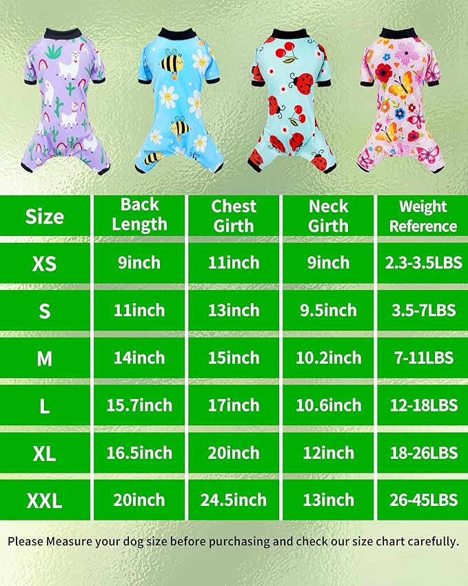 PET SHOW 4 Pack Small Dog Pajamas Spring Dog Clothes for Medium Dogs Girl Boy Soft Stretchy PJs Bee Ladybug Jumpsuit Puppy Cats Floral Onesies Outfits with Sleeve Pets Dachshund Costume(L, Spring)