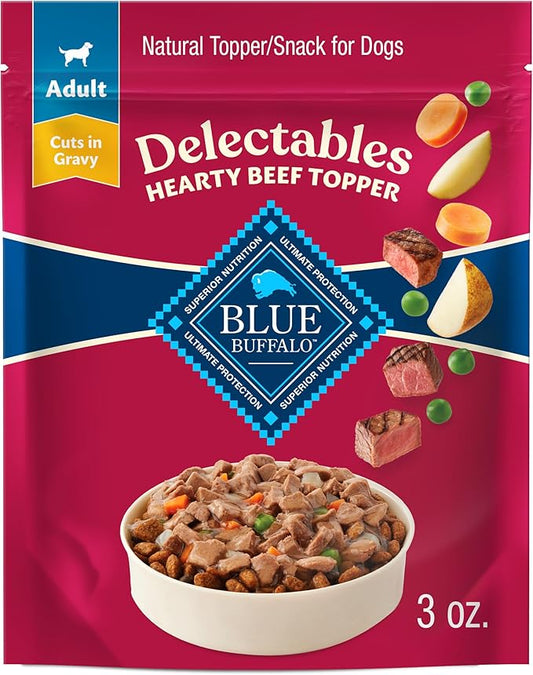 Blue Buffalo Delectables Natural Wet Dog Food Toppers, Hearty Beef Cuts in Gravy, 3-oz (24 Pouches)
