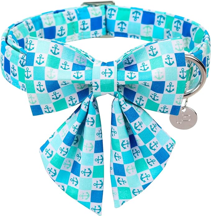 Summer Dog Collar with Bow Tie, Comfortable Cotton Bowtie for Large Dogs, Holiday Blue Plaid Collar with Durable Metal Buckle, Neck 16-24in