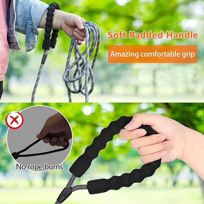 NTR Long Dog Leash, 20FT Check Cord with Swivel Lockable Hook and Comfortable Padded Handle for Reflective Dog Leash for Small Medium and Large Dogs Walking Training Hiking Camping Playing Grey