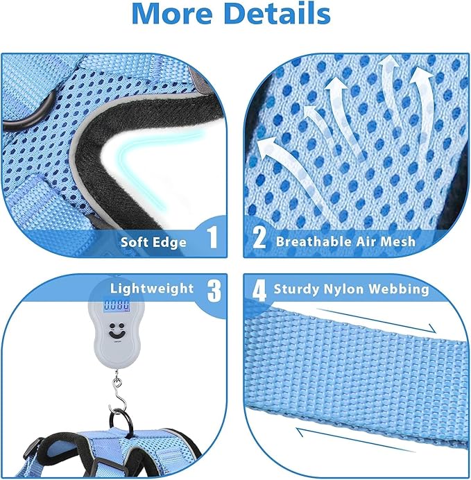 Dooradar Cat Harness and Leash Set, Escape Proof Safe Adjustable Kitten Vest Harnesses for Walking, Easy Control Soft Breathable Mesh Jacket with Reflective Strips for Cats, Light Blue, M