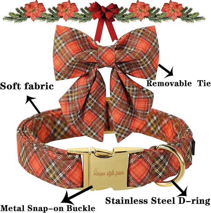 Unique Style Paws Cotton Dog Collar with Bow Halloween Pumpkin Plaid Dog Collar with Bow Tie for Small Medium Large Dogs Pets Gifts