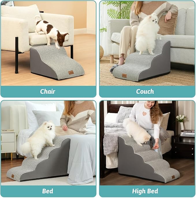 Dog Stairs for Small Dogs 15.7" H, Curved Dog Step for Puppy, Older Cat, Medium Pet Ramp for Sofa, Couch or Bed, Ladder with High Density Foam, 15.7x22.4x15.7 inch, 3 Step, White Black