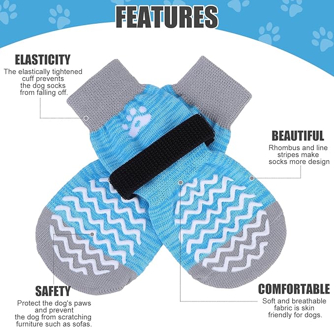 PUPTECK Non-Slip Dog Socks Double Sides Grips for Hardwood Floors Prevents Licking, Dog Shoes for Hot Pavement Traction Control Booties for Senior Dogs, Small Medium Large Dogs, Blue XS