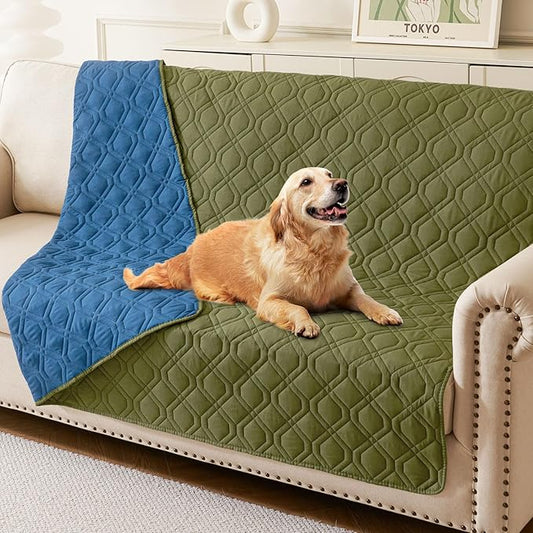 hyha Waterproof Dog Bed Blanket, Soft Pet Blankets, Waterproof Couch Cover for Dogs, Reversible Sofa Covers Washable for Furniture (68x82 Inch, Green/Navy Blue)