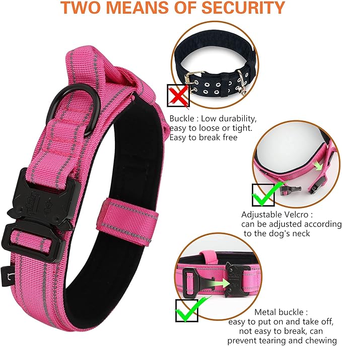KCUCOP Tactical Dog Collar for Medium & Large Dogs - Military Nylon Heavy Duty Collar with Handle, Reflective Strip & Metal Buckle for Training, Outdoor (Pink Reflective, Medium)