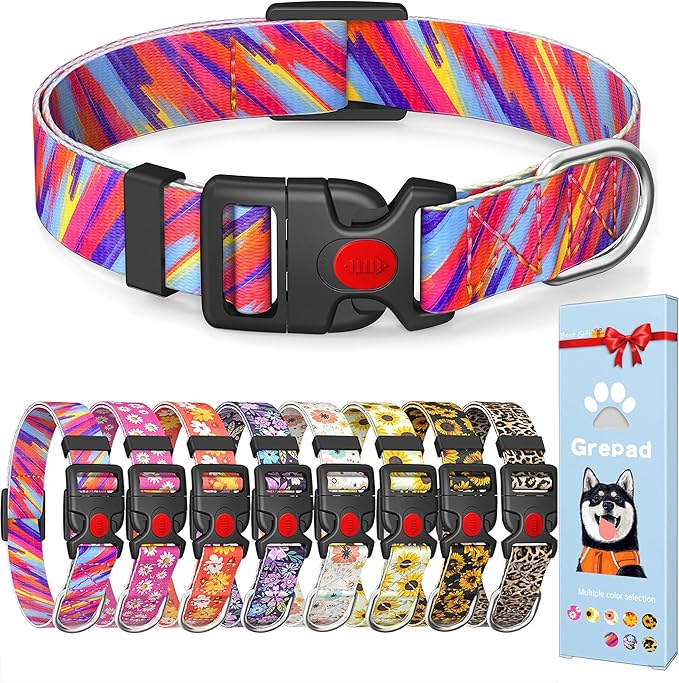 Cute Floral Dog Collar for Small Medium Large Dogs,Girl Female Dog Collars Soft Patterns Adjustable Pet Collar with Quick Release Safety Buckle for Puppy Breed Boy Dogs,Colorful,M