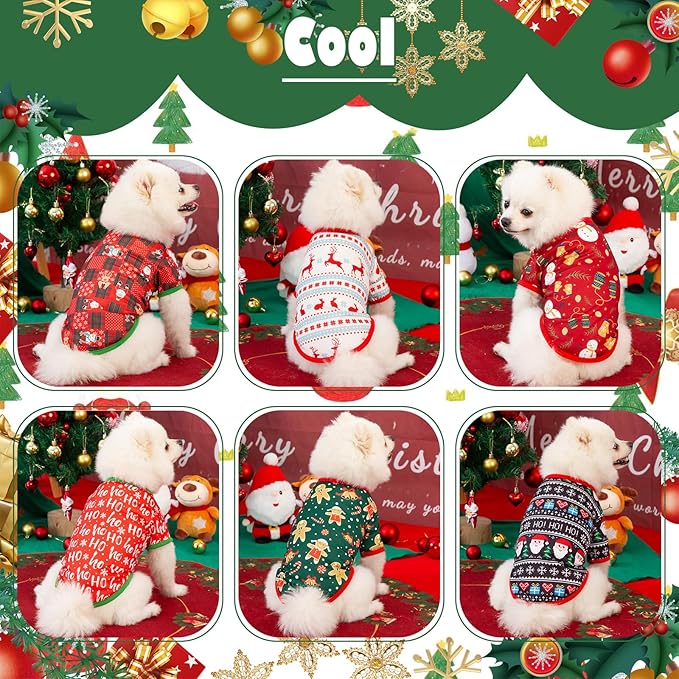 6 Pieces Christmas Dog Clothes for Small Dogs, Soft and Breathable Pet Shirt, Winter Puppy Kitten Vest Printed Dog Shirts, Christmas Snowman Santa Claus Reindeer T-Shirts for Pet Dogs Cats