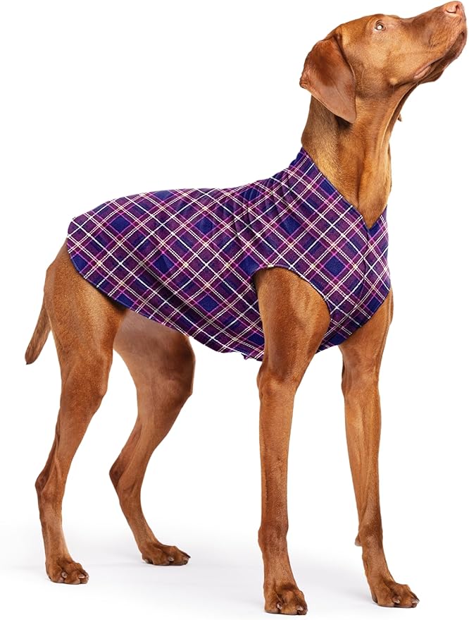 Stretch Fleece Dog Coat, Stretchy Pet Sweater, Machine Washable Pullover for Winter and Fall, Mulberry Plaid, 18